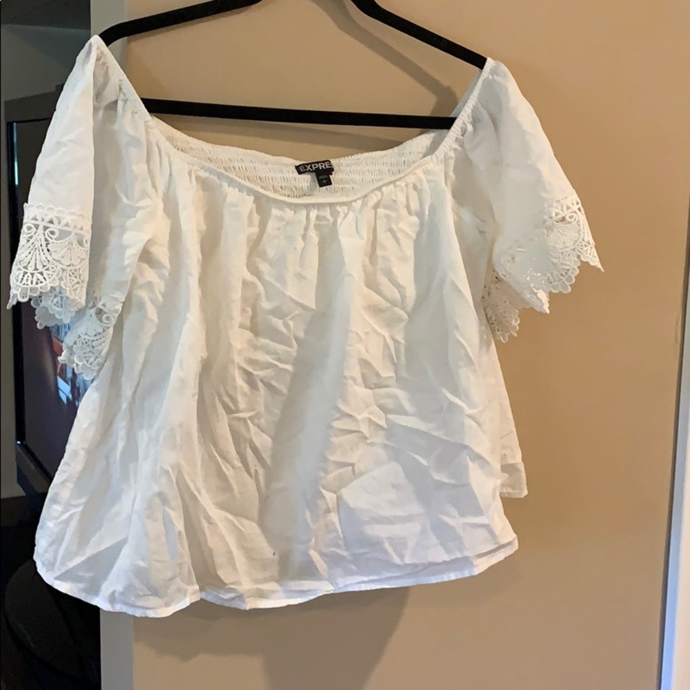 Express off the shoulder lace sleeved shirt